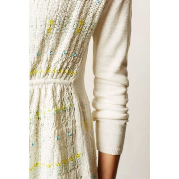 Anthropologie Moth Lazuli Beaded White Tie Front Linen Blend Cardigan Sweater S - Picture 4 of 13